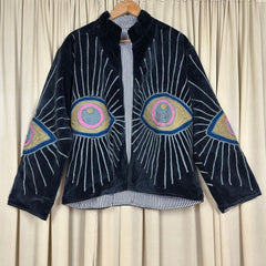 Boho Hand Embroidered Velvet Suzani Jacket | Black Geometric Open Front Coat Winter Wear Free Size Retro Chic Free Size Robe Blazer for Her