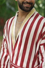 Men's Cotton Kimono Robe, Reversible Striped Boho Loungewear, Lightweight Spa Beach Resort Outfit with Pockets, One Size Breathable Bathrobe
