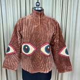Boho Hand Embroidered Velvet Suzani Jacket | Brown Geometric Open Front Coat Winter Wear Free Size Retro Chic Free Size Robe Blazer for Her