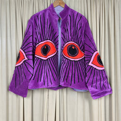 Boho Hand Embroidered Velvet Suzani Jacket | Purpel Geometric Open Front Coat Winter Wear Free Size Retro Chic Free Size Robe Blazer for Her