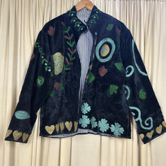 Boho Hand Embroidered Velvet Suzani Jacket, Black Floral Open Front Coat Winter Wear Free Size Robe Retro Chic Free Size Robe Blazer for Her