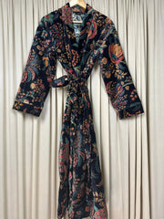 Luxury Velvet Kimono Unisex House Robe | Boho Jacket Autumn Winter Christmas Gift Elegant Reversible Silk Lined | Quirky Gown Black Floral