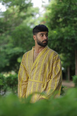 Men's Long Cotton Kimono Robe, Striped Boho Loungewear with Pockets, One Size Breathable Lightweight Beach Resort Spa Outfit Festival Kimono