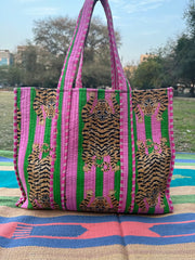 Quilted Cotton Extra Large Tote Bag, Reversible Weekender Shoulder Bag, Eco Friendly Sturdy Grocery Shopping Pink Green