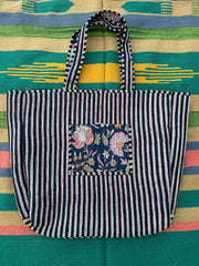 Quilted Cotton Extra Large Tote Bag, Reversible Weekender Shoulder Bag, Eco Friendly Sturdy Grocery Shopping Rich Blue