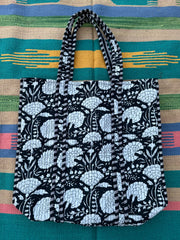 Quilted Cotton Extra Large Tote Bag, Reversible Weekender Shoulder Bag, Eco Friendly Sturdy Grocery Shopping Deep Black White