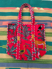 Boho Tote Bag Large Reversible Quilted Velvet Cotton | Beach Weekend Bag Eco friendly Sustainable Sturdy Grocery Shopping Ochre
