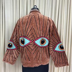 Boho Hand Embroidered Velvet Suzani Jacket | Brown Geometric Open Front Coat Winter Wear Free Size Retro Chic Free Size Robe Blazer for Her
