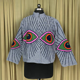 Boho Hand Embroidered Cotton Suzani Jacket | White Geometric Open Front Coat Winter Wear Free Size Retro Chic Free Size Robe Blazer for Her