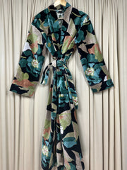 Luxury Velvet Kimono Unisex House Robe | Boho Jacket Autumn Winter Christmas Gift Elegant Reversible Silk Lined | Quirky Gown Black Floral