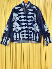 Boho Hand Embroidered Velvet Suzani Jacket, Blue Floral Open Front Coat Winter Wear Free Size Robe Retro Chic Free Size Robe Blazer for Her