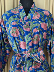 Luxury Velvet Kimono Unisex House Robe | Boho Jacket Autumn Winter Christmas Gift Elegant Reversible Cotton Lined | Quirky Gown Blue Floral