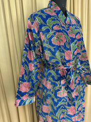 Luxury Velvet Kimono Unisex House Robe | Boho Jacket Autumn Winter Christmas Gift Elegant Reversible Cotton Lined | Quirky Gown Blue Floral