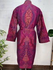 Handmade Merino Wool Kimono Robe: Paisley Floral Jacket, Elegant Cardigan