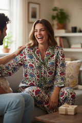 Pure Soft Cotton Pajama Set Two Piece, Indian Hand Block Floral Print | Luxury Sleepwear Loungewear Gift for Her, Valentine Anniversary Mom!