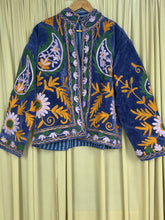 Boho Hand Embroidered Velvet Suzani Jacket, Blue Floral Open Front Coat Winter Wear Free Size Robe Retro Chic Free Size Robe Blazer for Her