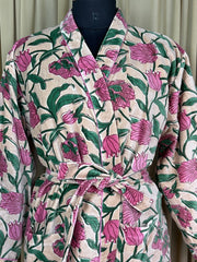 Luxury Velvet Kimono Unisex House Robe | Boho Jacket Autumn Winter Christmas Gift Elegant Reversible Cotton Lined | Quirky Gown Beige Floral