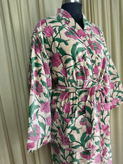 Luxury Velvet Kimono Unisex House Robe | Boho Jacket Autumn Winter Christmas Gift Elegant Reversible Cotton Lined | Quirky Gown Beige Floral