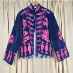Boho Hand Embroidered Velvet Suzani Jacket, Blue Floral Open Front Coat Winter Wear Free Size Robe Retro Chic Free Size Robe Blazer for Her
