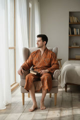 Boho Men's Soft Silk Kimono, Man Regal House Beach Robe, Floral Persian King Elegant Brown Orange Hues Beach Cover Up, Perfect Gift for Dad