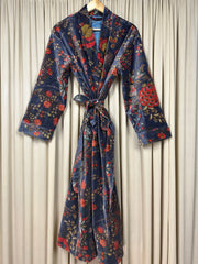 Luxury Velvet Kimono Unisex House Robe | Boho Jacket Autumn Winter Christmas Gift Elegant Reversible Silk Lined | Quirky Gown Gray Floral