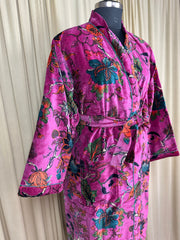 Luxury Velvet Kimono Unisex House Robe | Boho Jacket Autumn Winter Christmas Gift Elegant Reversible Cotton Lined | Quirky Gown Pink Floral