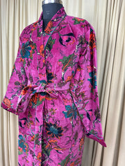 Luxury Velvet Kimono Unisex House Robe | Boho Jacket Autumn Winter Christmas Gift Elegant Reversible Cotton Lined | Quirky Gown Pink Floral