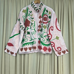 Boho Hand Embroidered Velvet Suzani Jacket, White Floral Open Front Coat Winter Wear Free Size Robe Retro Chic Free Size Robe Blazer for Her