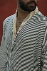 Men's Striped Cotton Kimono Robe, Long Lightweight Sleepwear with Pockets, One Size Soft Breathable Spa Beach Resort Cover Up Dressing Gown