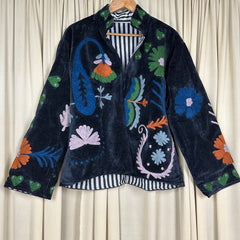 Boho Hand Embroidered Velvet Suzani Jacket, Black Floral Open Front Coat Winter Wear Free Size Robe Retro Chic Free Size Robe Blazer for Her