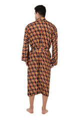 Boho Men's Soft Silk Kimono, Man Regal House Beach Robe, Persian King Ikat Elegant Yellow Black Hues