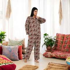 Cotton Women Pajama Set Comfortable Nightwear Summer PJ Set Beige Red Floral