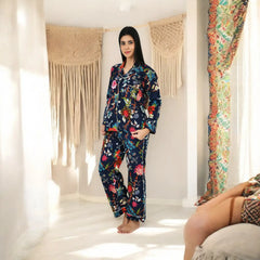 Cotton Women Pajama Set Comfortable Nightwear Summer PJ Set Mid Night Garden Print