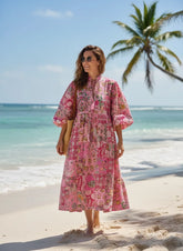 Boho Maxi Dress With Sleeves | Handmade Patchwork Long Flowy Beach Dress, One-of-a-kind Elegant Retro Outfit, Modest Gown with Pockets