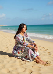 Boho Maxi Dress With Sleeves | Handmade Patchwork Long Flowy Beach Dress, One-of-a-kind Elegant Retro Outfit, Modest Gown with Pockets