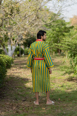 Pure Cotton Boho Men Kimono Robe | Geometric Luxury Dressing Gown Summer Loungewear, Reversible Unisex Bathrobe Relaxed Fit Beach Outfit