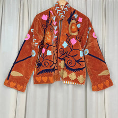Boho Hand Embroidered Velvet Suzani Jacket, Brwon Floral Open Front Coat Winter Wear Free Size Robe Retro Chic Free Size Robe Blazer for Her