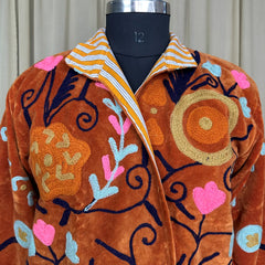 Boho Hand Embroidered Velvet Suzani Jacket, Brwon Floral Open Front Coat Winter Wear Free Size Robe Retro Chic Free Size Robe Blazer for Her
