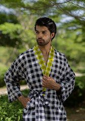 Pure Cotton Boho Men Kimono Robe | Geometric Luxury Dressing Gown Summer Loungewear, Breathable Unisex Bathrobe Relaxed Fit Beach Outfit