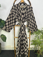Mens Kimono Robe Cotton Handblock Dress, Indian Printed Man House Robe, Boho Beach Coverup Dressing Gown Lightweight Loungewear Gift For Him