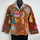 Boho Hand Embroidered Velvet Suzani Jacket, Brown Floral Open Front Coat Winter Wear Free Size Robe Retro Chic Free Size Robe Blazer for Her