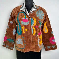 Boho Hand Embroidered Velvet Suzani Jacket, Brown Floral Open Front Coat Winter Wear Free Size Robe Retro Chic Free Size Robe Blazer for Her