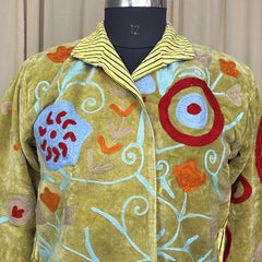 Boho Hand Embroidered Velvet Suzani Jacket, Green Floral Open Front Coat Winter Wear Free Size Robe Retro Chic Free Size Robe Blazer for Her