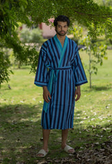 Pure Cotton Boho Men Kimono Robe | Geometric Luxury Dressing Gown Summer Loungewear, Reversible Unisex Bathrobe Relaxed Fit Beach Outfit
