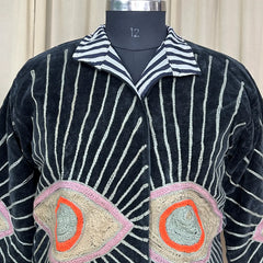 Boho Hand Embroidered Velvet Suzani Jacket | Black Geometric Open Front Coat Winter Wear Free Size Retro Chic Free Size Robe Blazer for Her