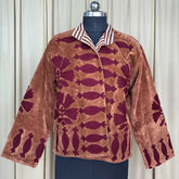 Boho Hand Embroidered Velvet Suzani Jacket Brown Floral Open Front Coat Winter Wear Free Size Robe Retro Chic Free Size Robe Blazer for Her