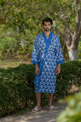 Pure Cotton Boho Men Kimono Robe | Geometric Luxury Dressing Gown Summer Loungewear, Onesie Unisex Bathrobe Relax Fit Beach Outfit Cardigan