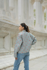 Quilted Short Bohemian Jacket for Women | Quirky Handmade Gray White Heart Print | Front Open Cotton Jacket | Anniversary Love Gift for Her