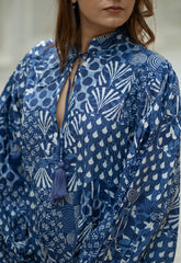 Blue Patchwork Cotton Dress: Hand-Stitched Block Print, Fits XXL
