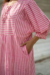 Cotton Midi Dress Stripe Hand Block Print | Boho Oversized Long Sleeves Loose Fit Dress with Pockets, Artisan Style Bridesmaid Gift for Her